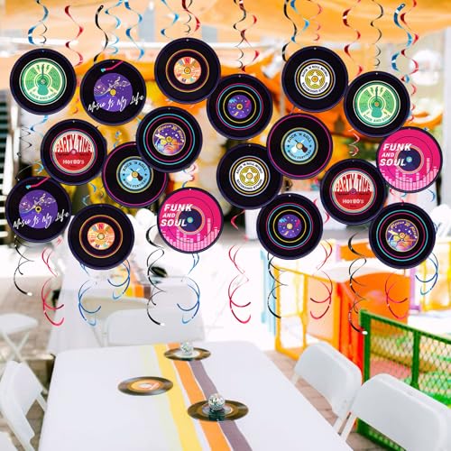 Image of Rock and Roll Record Party Hanging Swirls, 48 Pcs, Music Theme Disco Party Decorations, Vinyl Record Design for 90s Or 50s Style Rock Music Dj Party Supplies, Black and Multicolor