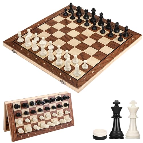 Mkitnvy Ajedrez Magnetico, 3 en 1 Ajedrez Madera Juego de Ajedrez Backgammon Damas, Portátil Plegable Tablero Ajedrez, Chess Board para Niños y Adultos Viaje (39×39cm), CX-GJXQ-39