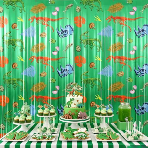 Image of TONIFUL 2Pcs Green Metallic Foil Fringe Curtains with Dinosaur Pattern