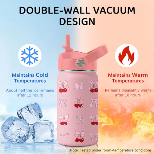 Image of Cherry Water Bottle for Daughter, Stainless Steel Insulated Tumbler with Straw Lid and Handle, 12oz Reusable Leak-Proof Bottle for Sports