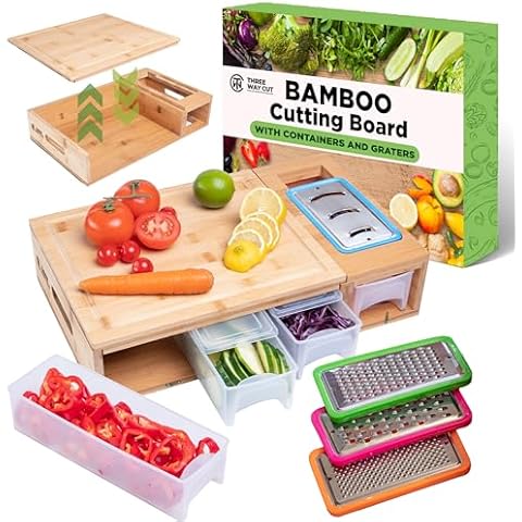 Bamboo Cutting Board With Containers - Meal Prep Station With Removable Top, Kitchen Boards & Food Storage Tray With Lids, Home Prepdeck Marble & Veggie Shredder Wood Prepboard Deck Slide Drawer Bins Cover
