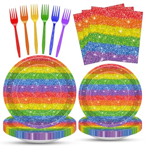 Kafolix 100 Pieces Rainbow Tableware Party Supplies Set Disposable Plates Paper Napkins and Colorful Forks for Birthday Summer Pride Month LGBTQ+ Celebrations Rainbow-Themed Table Decorations