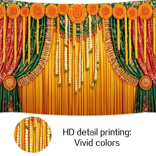 Image of 7X5ft Indian Pooja Backdrop Traditional Diwali Puja Ganpati Background Marigold Garland Drape for Wedding Party Religious Festival Decor Photo Booth Studio Props