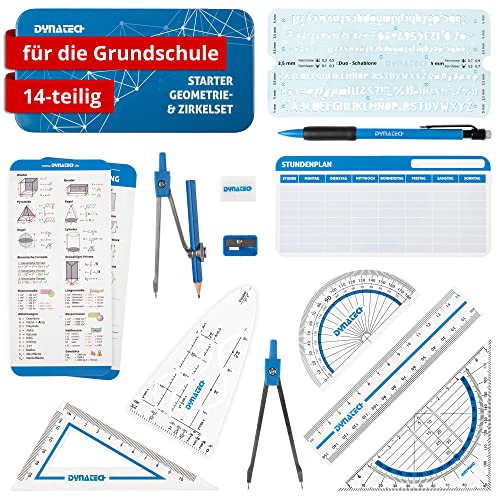 DynaTech Zirkel Set Geometrieset 14-Teilig - Starterset für die Grundschule - mit Zirkel, Geodreieck, Parabel, Bleistift, Lineal, Spitzer und Stundenplan in robuster Metallbox