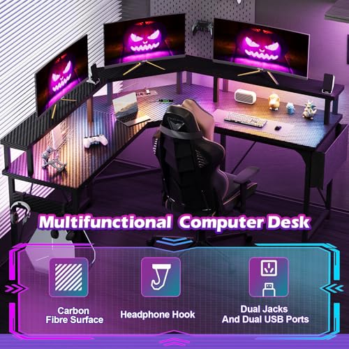 Devoko L Shaped Desk with Power Outlets,LED Corner Gaming Desk Corner Desk with Shelves, Large PC Writing Table for Home Office Bedroom,Monitor Stand, Hooks, Carbon Fibre Black - Image 5