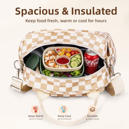 Image of LOVELYWIND Large Insulated Lunch Bag For Women, Brown White Lunch Box 12L | Large Shoulder Strap Lunch Tote With Insulated Lining; Stylish Look For Work, School, Picnic, And Organized Meals.