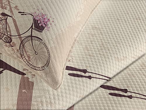 Lunarable Paris Bedspread, Bonjour France Eiffel Tower And Vintage Bicycle Flowers Retro Soft Color Print, Decorative Quilted 3 Piece Coverlet Set With 2 Pillow Shams, Queen Size, Cream Pink #TOP2