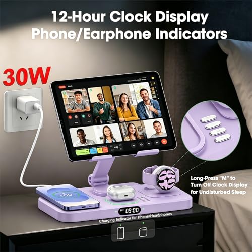 Image of 30W Tablet Wireless Charger for Samsung, Foldable Android Charging Station with Clock Display with 7-Color Light, Wireless Watch Charger for S25, Only Compatible Samsung Watch, Galaxy Buds3 Pro(Purple