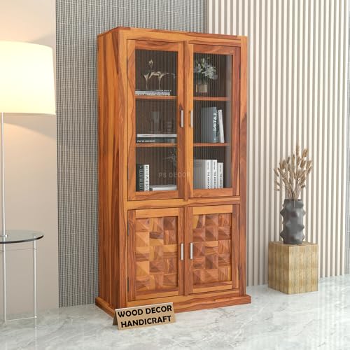 Image of Solid Sheesham Wood Book Shelf with Acrylic Glass Doors and Storage Cabinet | Rosewood Display Unit with 4 Doors for Living Room & Office (Natural Finish)