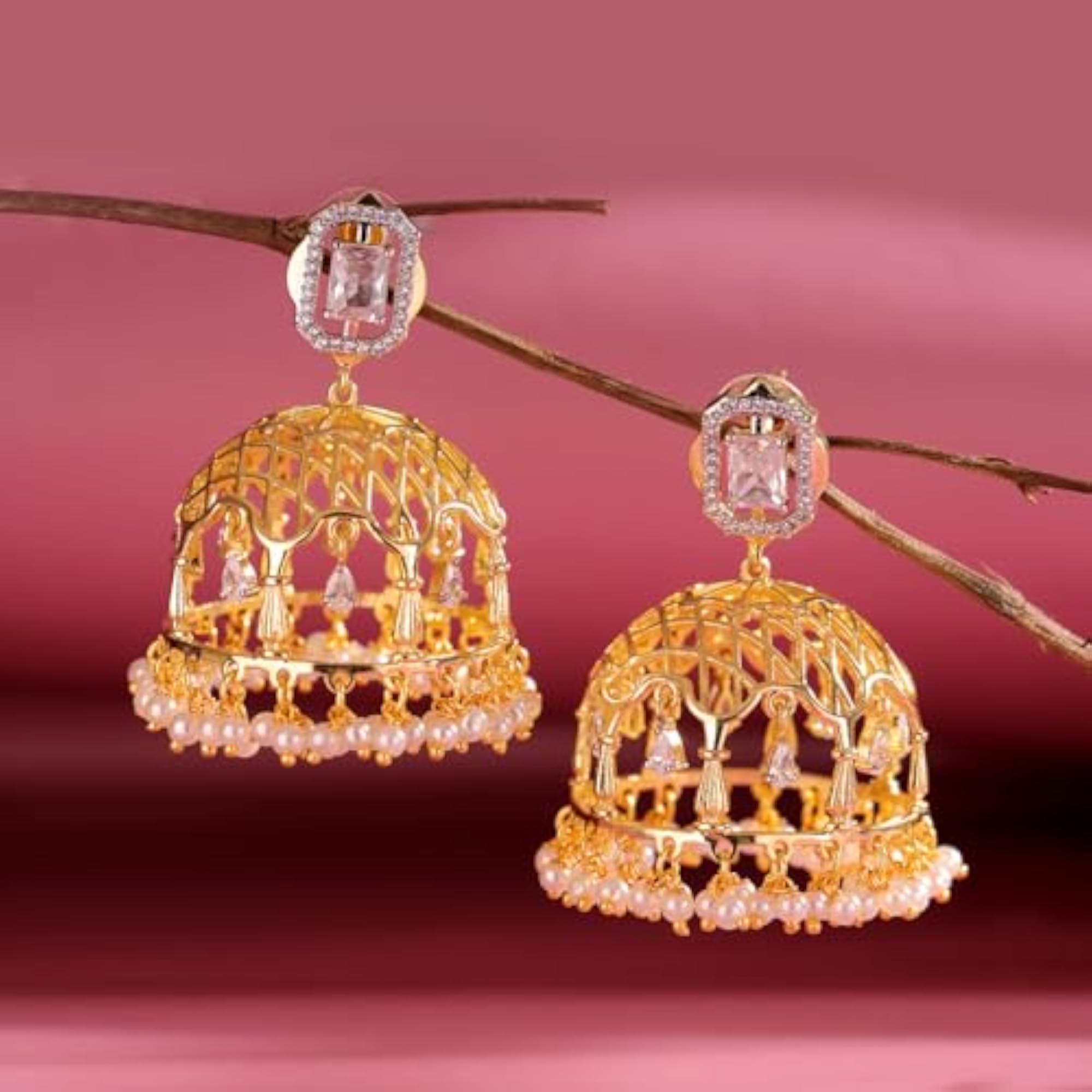Women's Royal Maharani Sa Jhumka Earrings with American Diamond