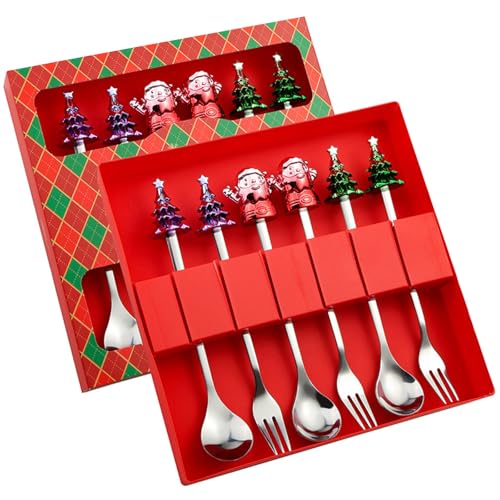 6 Pièces Couverts de Table Noël,Ensemble de Vaisselle de Noël,Cuillere Noel,Couverts en Acier Inoxydable Argenté,Cuillère à Café et Fourchette de Noël pour les Cadeaux de Noël