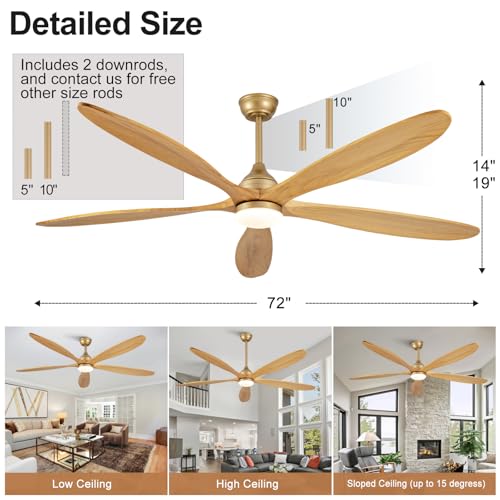 Image of OKDNEG 72 Inch Ceiling Fans with Lights and Remote, Gold 5 Blade Outdoor Ceiling Fans,3CCT Dimmable,Timer,Quiet DC Motor,6 Speed,Indoor Outdoor Ceiling Fan for Offices Farmhouse Gazebo Patio