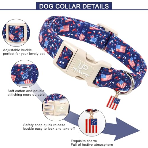 Image of American Flag Dog Collar, 4th of July Cotton Patriotic Pet Collar, Adjustable Durable Quick Release Buckle with Charm for Small Medium Large Dogs