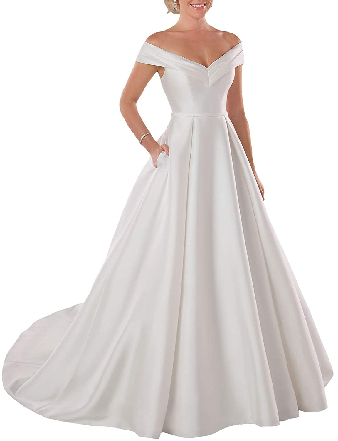 Lilyla Satin Wedding Dress Long Off The Shoulder Satin Bridal Gowns with Pockets