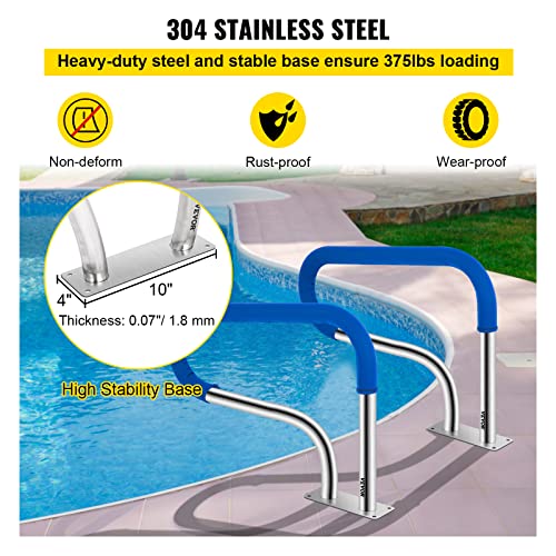 Image of VEVOR Pool Handrail, 32 x 22.5 Swimming Pool Stair Rail, 304 Stainless Steel Stair Pool Hand Rail Rated 375lbs Load Capacity, Pool Rail with Quick Mount Base Plate, and Complete Mounting Accessories