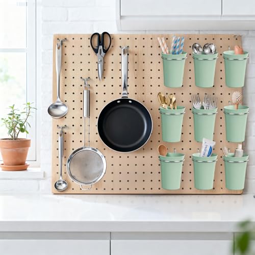 Image of Pegboard Cups With Loops, 9 Pack Matcha Green Peg Board Holder Organizer | 1 /8 inch 1 /4 inch Pegboard Accessories, Plastic Hanging Organizer Cups, Tool Organizer Set for Garage Craft Workshop Hobby Storage