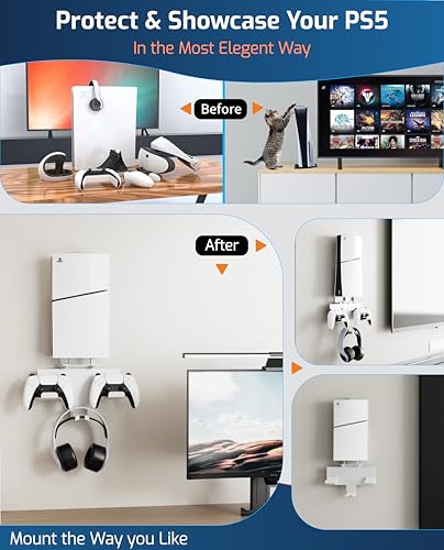 Image of HOSS PS5 Wall Mount Stand - Space-Saving & Ventilated Design for PlayStation 5,Slim Disc and Digital Edition, Controller & Headset Holders, Easy Installation (White)