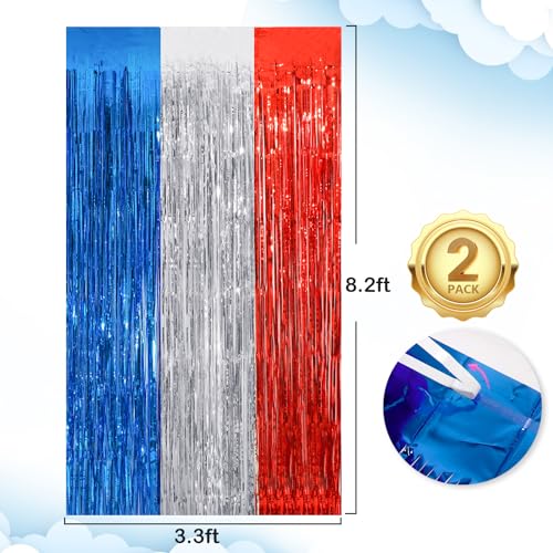 Image of 2Pack 3.3 x 8.3Ft Blue Red Silver Foil Fringe Streamers Curtain Metallic Foil Tinsel Fringe Door Streamers for Birthday Wedding Xmas Party Photo Iridescent Blue Streamers Party Decors Streamers