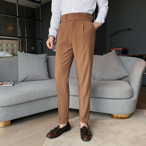 Mixgent Pants for Men, Men's High Waisted Pleated Pants, Autumn Retro Business Solid Color Straight Casual Trousers3