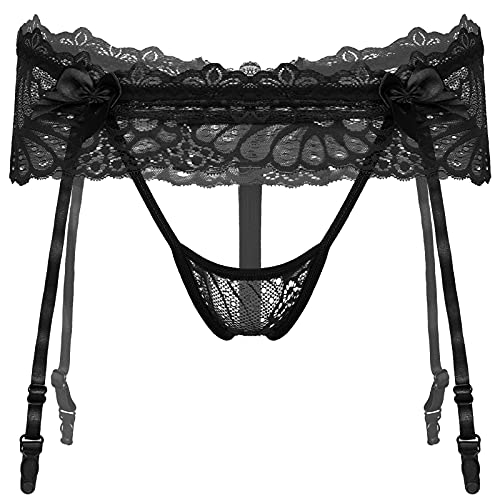 Men's Sissy Hollow Out Lace Skirted G-String Thongs Panties Crossdress Underwear with Garter