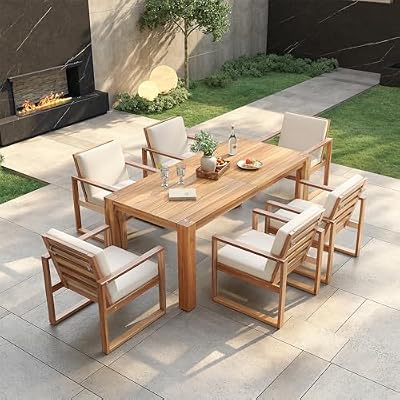 SPMETUYO Outdoor Dining Table and Chairs Set for 6 People, 7-Piece Rectangle Patio Dining Set for Garden Backyard Balcony, Weather Resistant，Acacia Wood, (Light Teak+Beige Cushion)