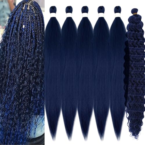 Dark Blue Braiding Hair Pre Stretched With Blue Boho Deep Water Wave Curly Crochet Hair For Black Women Boho Curls Braids 6 Packs Synthetic Knotless Colored Boho Wavy Curly Braiding Hair Extensions
