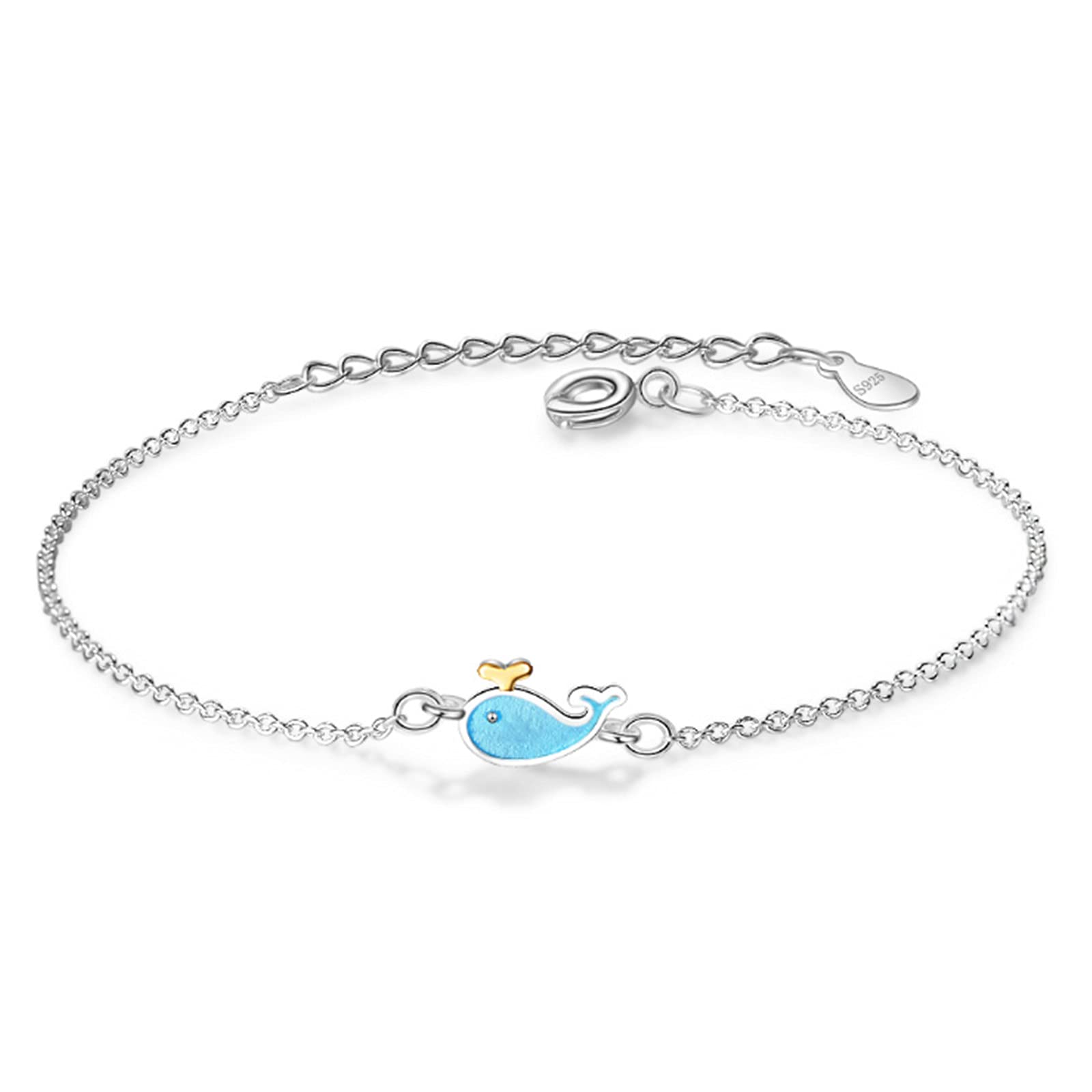 Hcma Women's Blue,Silver 925 Silver Bracelets Little Whale Blue Dolphin Animal Necklace For Girl The Great Gift For