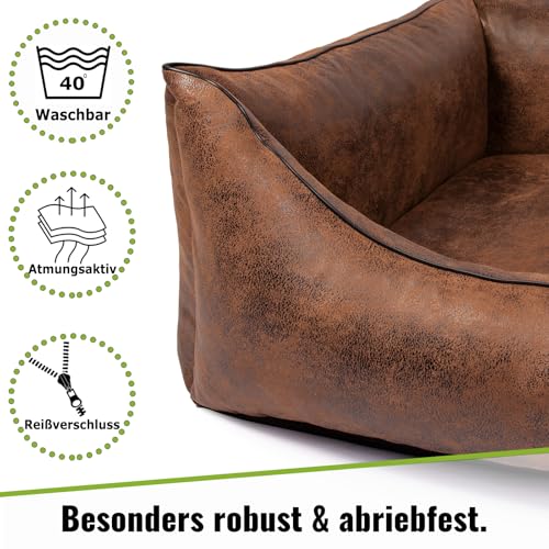 CopcoPet Hundebett mittelgroße Hunde【waschbar & rutschfest】 Hundekorb L Kunstleder in Wildlederoptik, gelenkschonendes Hundekissen für drinnen, pflegeleichtes Hundesofa, Dog Bed in Braun 90 x 70cm