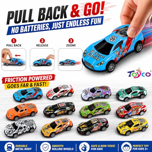 Image of toyco 12 Pcs Mini Metal Pull Back Cars for Kids 3+ Years | Small Toy Cars Set for Boys & Girls | Die Cast Racing Car Toys, Return Gifts, Party Favors, Birthday Gift, Friction Powered Mini Car