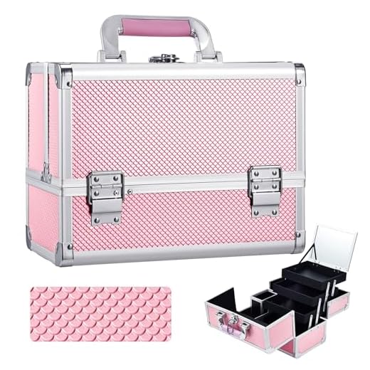 Joligrace Makeup Train Case Cosmetic Box 10 Inches Jewelry Organizer Professional 3 Tiers Trays with Mirror and Brush Holder Lockable Key Portable Travel Mermaid Pink