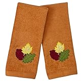 Serafina Home Decorative Fall Leaf Fingertip Towels: Embroidered Gold Burgundy Green Leaves Design on Plush Orange, 2 Piece Set, 12" x 18" Inch Each (Fall Leaf)