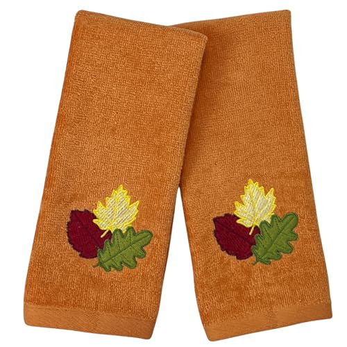 Decorative Fall Leaf Fingertip Towels: Embroidered Gold Burgundy Green Leaves Design on Plush Orange, 2 Piece Set, 12
