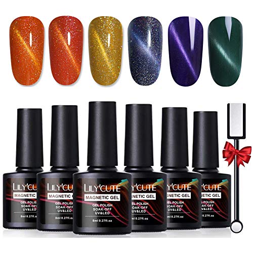 LILYCUTE 8ml Holographic Cat Eye Gel Polish Nail Gel Polish Purple Yellow Green Gel Pure Color Soak Off Gel Varnish 6 Bottles