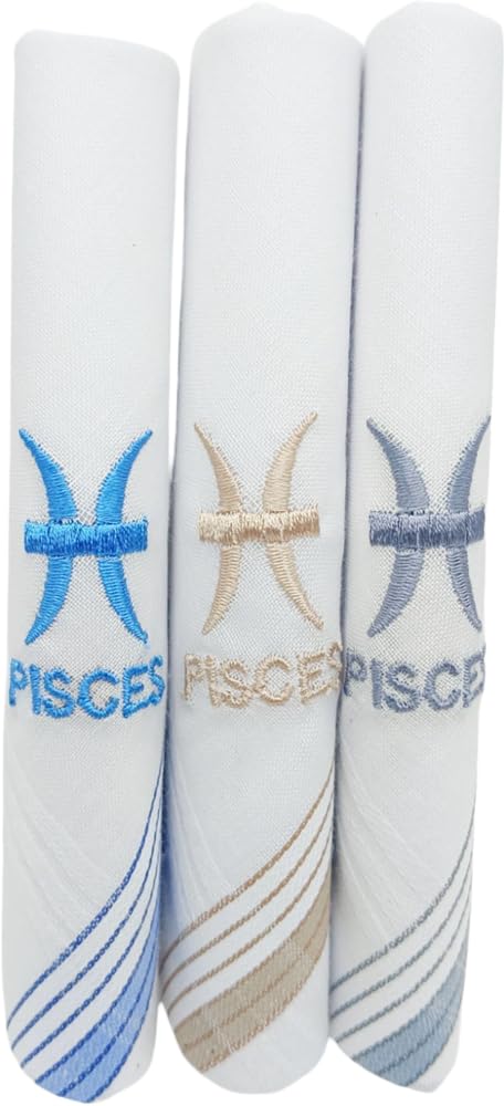 Handkerchief White and Multicolor Cotton with Silk Embroidery Pisces Zodiac Sign| 45x45 cm| Pack of 3-image-20