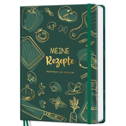 AITBOLFIT Rezeptbuch zum Selberschreiben A5 - Kochbuch selbst schreiben mit 150 Rezepten - inkl. Inhaltsverzeichnis, Buchmarkband & Tasche - praktisch & übersichtlich(Tiefgrün)