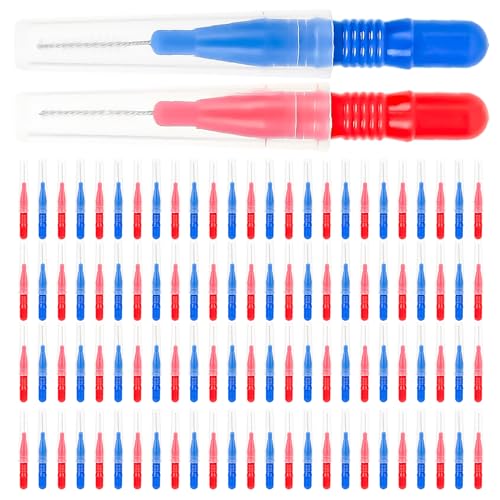 Luthando 100 Stück Zahnzwischenraumbürsten, Interdentalbürsten Zahnstocher, Interdentalbürste Zahnseide Wiederverwendbar Dentalbürsten Zahnreinigung Werkzeug(Rot und Blau)