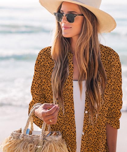 Image of Zoye Chen Women's Bikini Swimsuit Cover Up Button Down V Neck Shirts Long Sleeve Blouse Beachwear Bathing Suit