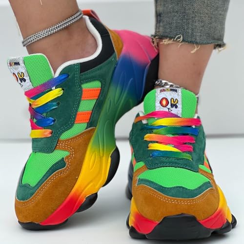 Women’s Rainbow Sneakers – Comfortable Low-Top Walking & Running Shoes with Non-Slip Air Cushion, Round Toe Design, Stylish Outdoor Lace-Up Sneakers (Yellow,10)4