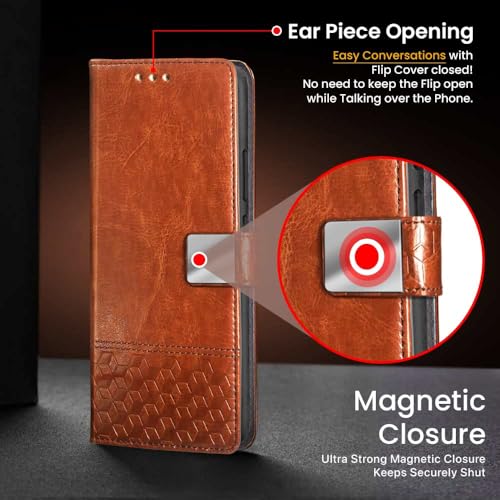 Image of FLIPPED Hand Stitched Honeycomb Dual Design Back Flip Cover Case for 1+ OnePlus Nord CE 5 5G (Shock Proof | Leather Finish | Wallet Case Card Holders & Stand) - Tanned Brown