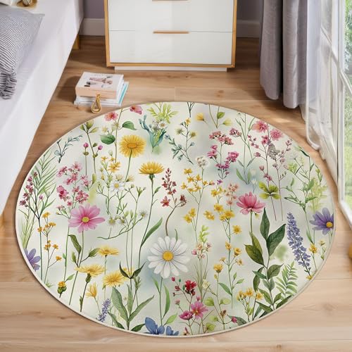 Alfombra Redonda 120cm, Alfombra Flores Vintage En Acuarela Pelo Corto Suave, Alfombras Verde Estampada Flores Silvestres Hojas Verdes Lavable Fácil Cuidado, para Salón Sofá Dormitorio Comedor Estudio