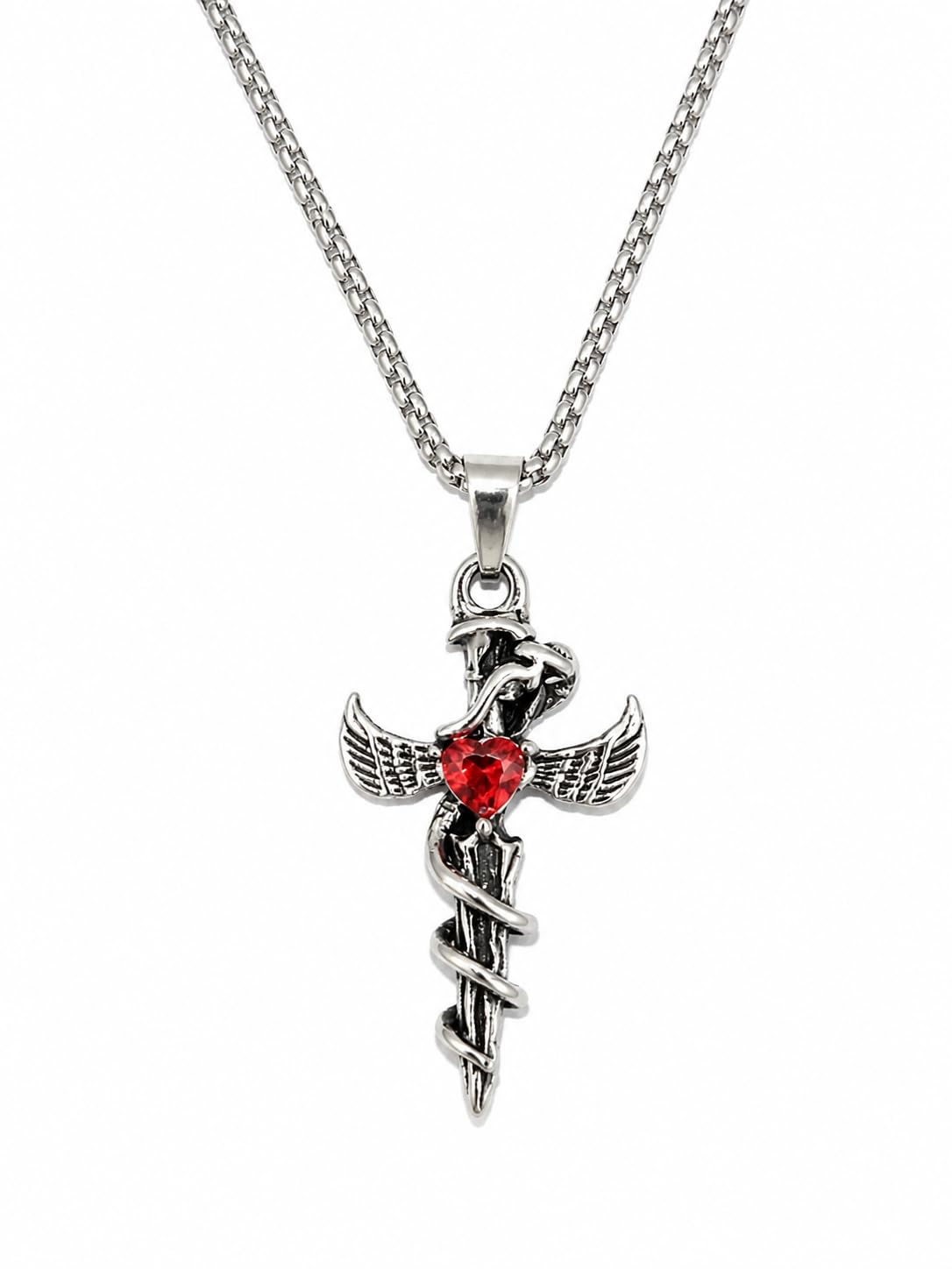 Stylish Gothic Sword Pendant Necklace for Men & Women with Red Heart Crystal | Stainless Steel Wing Dagger Chain Pendant | Punk Fashion Jewelry Gift-image-44