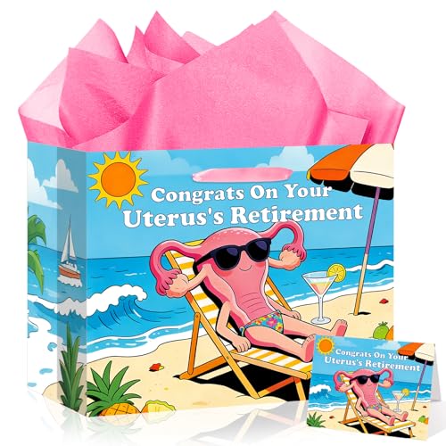 bigniuzi Hysterectomy Recovery Gift Bag Congrats On Your Uteruss Retirement Bag with Tissue Paper Greeting Card Hysterectomy Recovery Gift Wrapping Paper for Women Mom Friends Sister