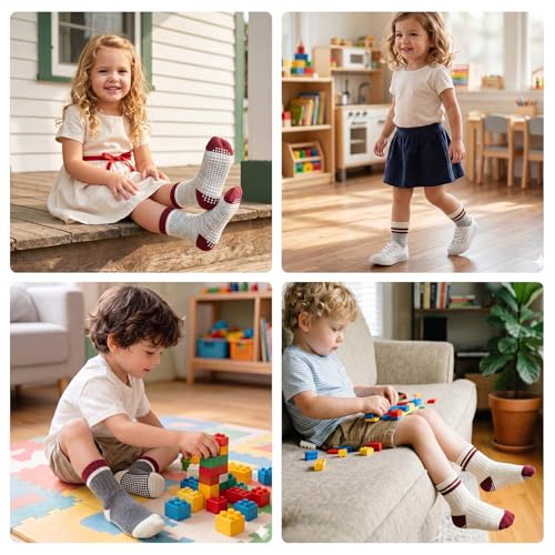 Image of Toddler Non Slip Cotton Crew Socks with Grips for Baby Boys Girls