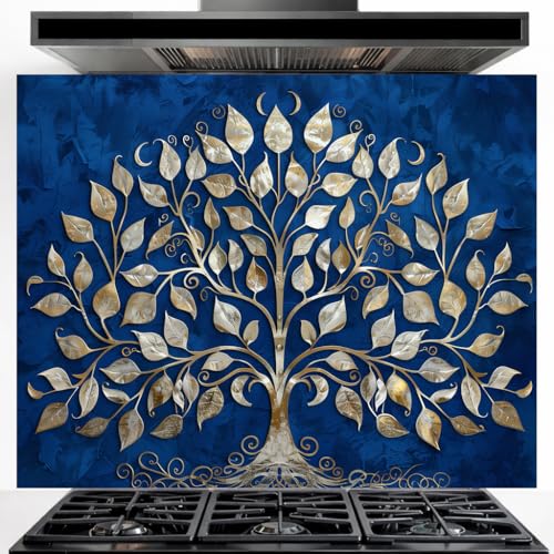 Blue Tree of Life Tempered Glass Backsplash for Kitchen, Easy to Clean Glass Backsplash, 10K UV Printing Stove Backsplash, Personalized Oven Backsplash, Easy Multi-Mount Kitchen Backsplash