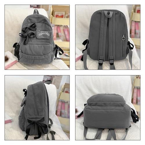 Preppy Bow Backpack for Women, Corduroy Coquette Korean Bookbag, Cute Aesthetic Y2K Large Travel Rucksack with Bows (【Grey】)3
