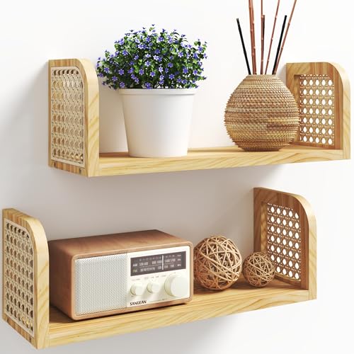 Image of LUPWNEKA Rattan Shelf Set of 2, Cute Nursery Shelves Wall Mounted, Natural Hanging Bookshelf Storage, Boho Decorative Floating Shelves for Kids Room, Living Room, Play Room, Bedroom, Home Decor