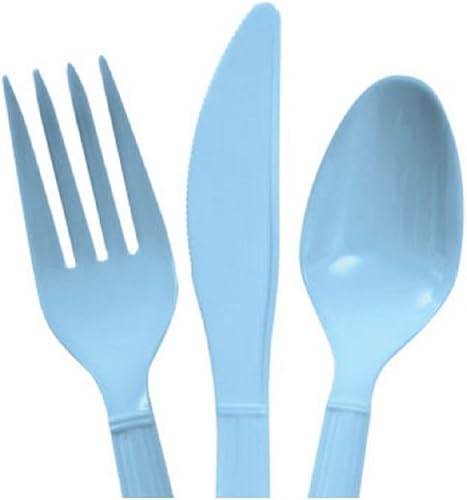 Miniatura 5 de Juego de cubiertos de plástico resistente color azul y rosa claro, 16 cucharas, 16 tenedores, 16 cuchillos, 2 paquetes de 48 cada uno, 96 piezas en