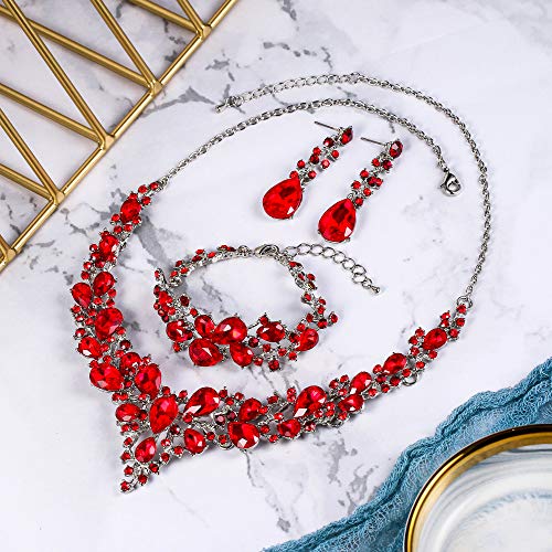 Brilove Wedding Bridal Jewelery For Women Austrian Crystal Teardrop Cluster Statement Necklace Dangle Earrings Link Bracelet Set Ruby Color Silver-Tone #TOP2