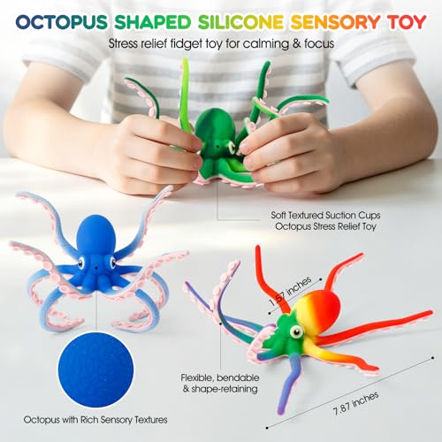 Octopus Fidget Toy - Sensory Stress Relief Toy with Suction Cups for Kids Teens and Adults - Bendable Tentacles Squishy Toy for Anxiety Relief (2 Pcs-Camoblue&Rainbow) — view 2