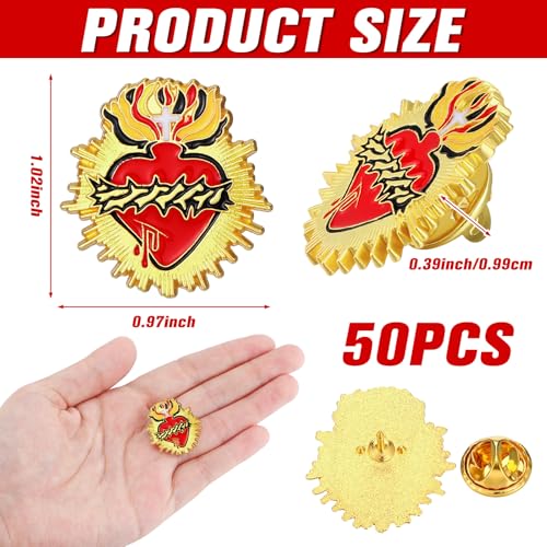 Image of Juexica 50 Pcs Religious Sacred Heart of Jesus Pins Bulk Christian Favors Cross Enamel Lapel Brooch Red Heart Pins for Clergy Appreciation Gift Church Funeral Sunday School